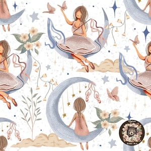Ballerina Seamless File Girls repeat pattern for fabric Dancer sublimation Pink digital papers Moon scrapbook paper Baby Girl Seamless space