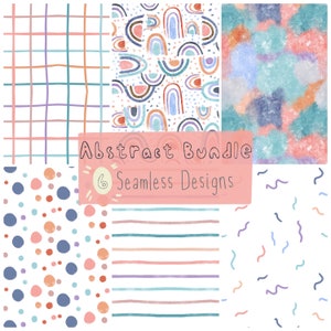 Puede incluir: Un conjunto de seis patrones de papel digital sin costuras que presentan diseños abstractos en una paleta de colores pastel. Los patrones incluyen rayas, lunares, arcoíris y líneas onduladas.