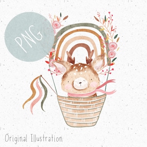 May include: A watercolor illustration of a cute deer in a hot air balloon with a rainbow and floral accents. The deer is wearing a pink scarf and the balloon is made of a basket with a brown and white striped pattern.