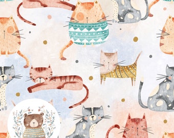 May include: A seamless pattern featuring watercolor illustrations of cats wearing sweaters and a bear wearing a sweater. The background is a light beige with gold and gray dots. The text "Claire Eddie Art" is in the lower center of the image.