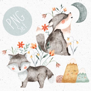 3 PNG per sublimazione Lupo Clipart Bundle Lupo che ulula PNG Set Montagna Clipart Woodland PNG set Lupi carini Clipart Animali della foresta png
