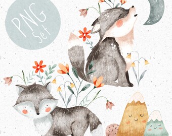 3 PNGs for sublimation Wolf Clipart Bundle Wolf howling PNG Set Mountain Clipart Woodland PNG set Cute wolves Clipart Forest animals png