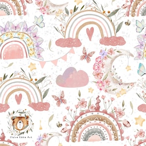 Modello senza saldatura arcobaleno Motivo floreale ripetuto per tessuto File senza saldatura luna Arcobaleno pastello Motivo celeste Tessuto per ragazze Spazio Rosa