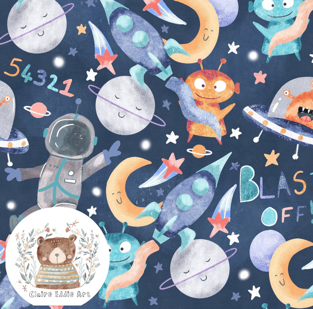 Alien Space Patterns Retro Space Seamless Pattern Alien Seamless Digital Paper Rocket Repeat ...