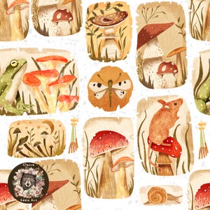 May include: A seamless pattern featuring a variety of mushrooms, butterflies, and other woodland creatures. The pattern is set against a white background and features a variety of colors, including red, brown, green, and yellow.