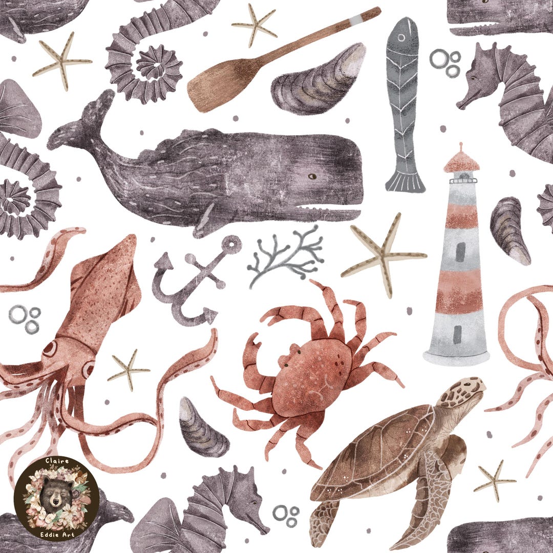 Handdrawn Nautical Seamless Pattern Whale Digital Paper Turtle Repeat ...