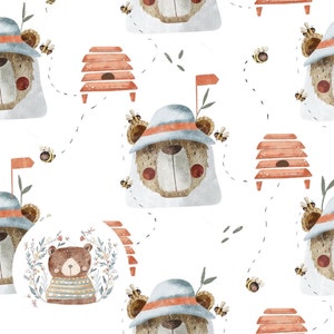May include: A seamless pattern featuring watercolor illustrations of cute bears wearing hats, beehives, and bees. The background is white.