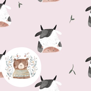 Modèle sans couture vache, papier numérique sans couture, papier de scrapbooking de ferme rose, motif répété pour tissu, motif animaux de la ferme pour filles, vêtements pour enfants
