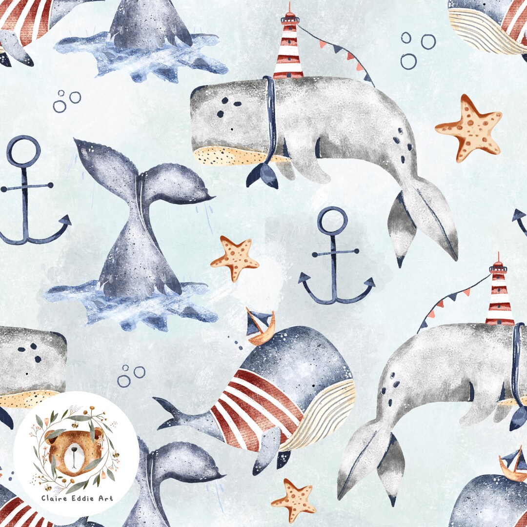 Sailor Seamless Pattern Whale Digital Paper Nautical Theme Repeat ...