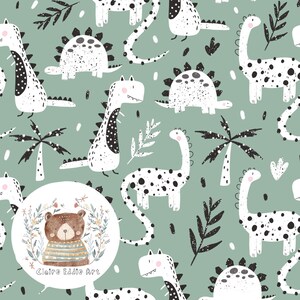 May include: A seamless pattern featuring black and white dinosaurs on a light green background. The dinosaurs are in various poses, including standing, walking, and running. There are also palm trees and leaves scattered throughout the pattern. The pattern is perfect for use in a variety of creative projects, such as fabric, wallpaper, and wrapping paper.