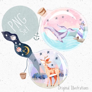 Puede incluir: Tres ilustraciones de acuarela de botellas de vidrio con tapones de corcho. Cada botella contiene una escena diferente: una ballena nadando en el océano, un ciervo en un bosque y planetas en el espacio. Las botellas están rodeadas de estrellas.