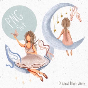 2 Ballett PNGs für die Sublimation Ballerina Clipart-Set Mond PNG Girly Clipart Tanzen PNG Bundle Clipart für Mädchen Ballerina Sublimationssterne