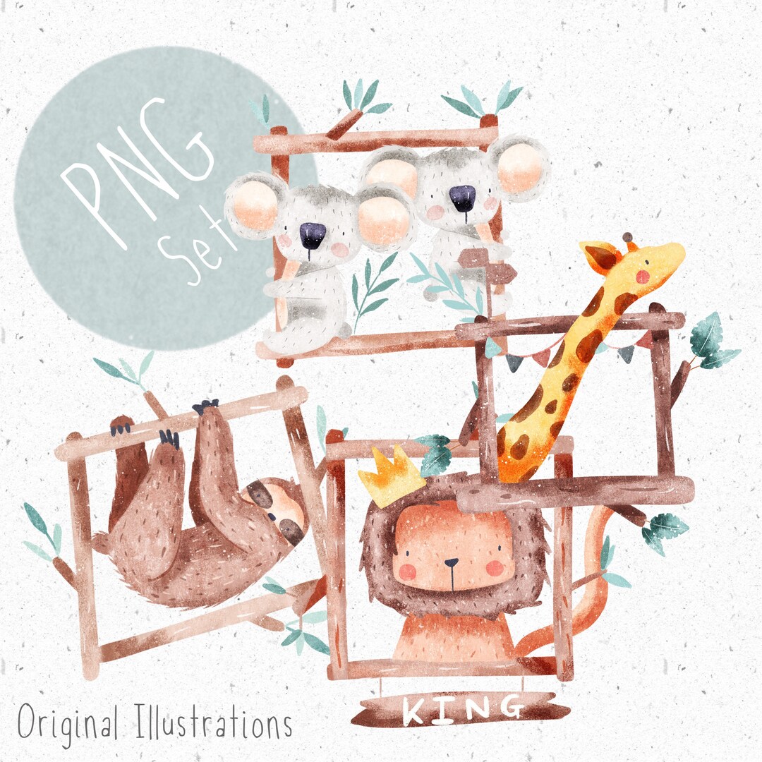 Set of 4 Pngs for Sublimation Kids Safari Clipart Lion PNG Sloth ...