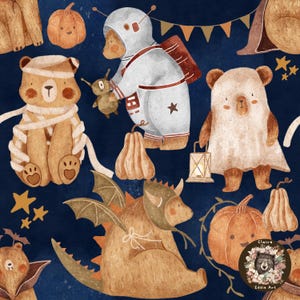May include: A charming illustration of teddy bears in Halloween costumes. A mummy bear, an astronaut bear, and a ghost bear are depicted alongside pumpkins, stars, and a dragon bear against a dark blue backdrop.