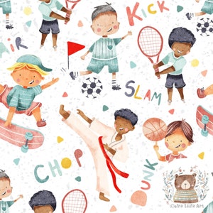 Sport Musterdesign Fußball Stoffdruck Fußball Rapportmuster für Stoff Basketball nahtloses Muster für Jungen Karate-Muster Tennis