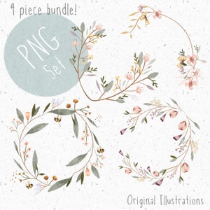 Conjunto de 4 PNG para sublimación Floral Wreath PNG bundle Wreath Clipart Girls Filler Element png Woodland Clipart Floral Illustration Graphic