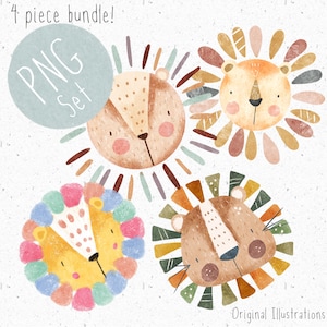 4 PNG para sublimación Lion Head PNG Bundle Cute Safari Clipart Set BOHO Lion PNG Jungle Clipart Lion sublimation Clipart Scandi New Baby