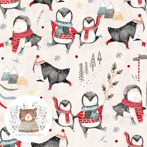 Weihnachten nahtlose Datei Pinguin Rapportmuster Tanne Stoff Festliches digitales Papier Winter Nahtlose Eislaufen Muster Niedlichen Tier Sublimation