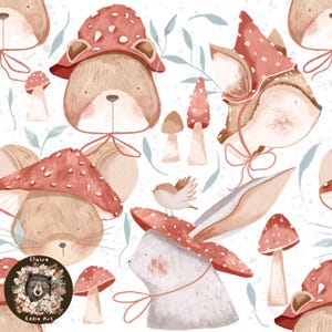 Puede incluir: Un patrón sin costuras con ilustraciones de acuarela de animales del bosque que llevan sombreros de hongo. Los animales incluyen un oso, un zorro, un conejo y un ratón. El fondo es blanco con hojas y hongos dispersos.