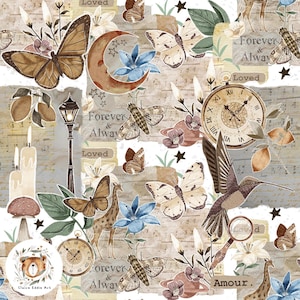 Cottagecore, motif sans couture, papier numérique, papier numérique, motif de répétition fantaisiste pour tissu, motif papillon magique sans couture, céleste