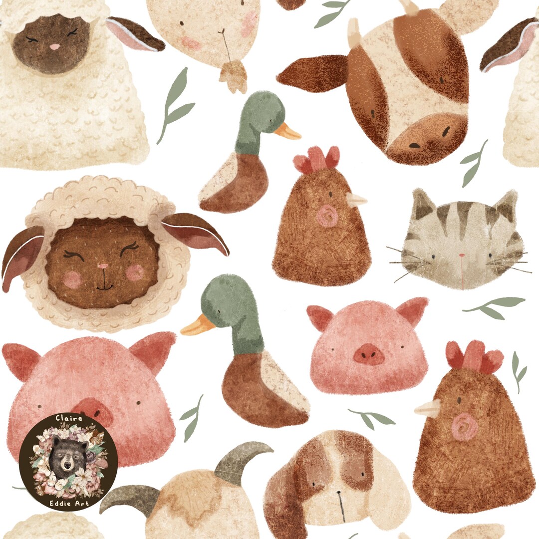 Handdrawn Farm Seamless Pattern Farmyard Digital Paper Cow Repeat ...