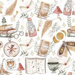 May include: A seamless pattern featuring watercolor illustrations of various magical objects, including books, potions, feathers, keys, and a compass. The background is a white speckled texture with gold stars.