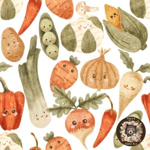 Può includere: Un'illustrazione ad acquerello stravagante con una varietà di verdure sorridenti su sfondo bianco. L'immagine include carote, piselli, mais, patate, cipolle e altro ancora. Le verdure hanno facce carine e amichevoli, creando un design allegro e giocoso.