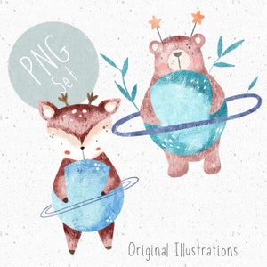 Set of 2 PNGs for Sublimation PNG Space Clipart Woodland PNGs Bear Clipart Deer sublimation Space download Cute Animal files for transfers