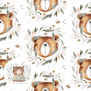 May include: A seamless pattern featuring brown bears with white noses and brown eyes, surrounded by green leaves and white flowers. The background is a light beige with a subtle speckled texture. The pattern is perfect for fabric, wallpaper, or wrapping paper.