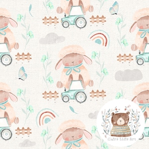 May include: A seamless pattern featuring watercolor illustrations of cute lambs, tractors, rainbows, butterflies, and flowers. The background is a light beige with a subtle texture. The pattern is perfect for fabric, wallpaper, or other creative projects.