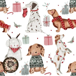 May include: Watercolor illustration featuring various dog breeds in a festive Christmas theme. The dogs are adorned with holiday accessories like scarves, sweaters, and garlands. Gift boxes, candy canes, and holly sprigs are scattered throughout the design.