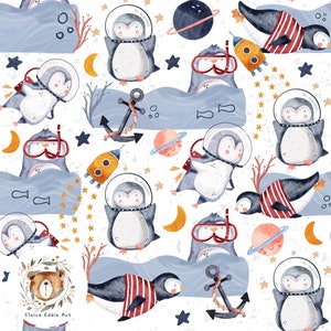 Penguin Seamless Pattern Penguin Digital Paper Penguin Repetir patrón para tela Tela de impresión espacial bajo el agua Archivo sin costuras Pingüinos lindos