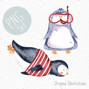 May include: Two watercolor illustrations of penguins. One penguin is wearing red and white striped clothing and the other is wearing a red diving mask and snorkel. The text "PNG Set" is in the top left corner of the image.