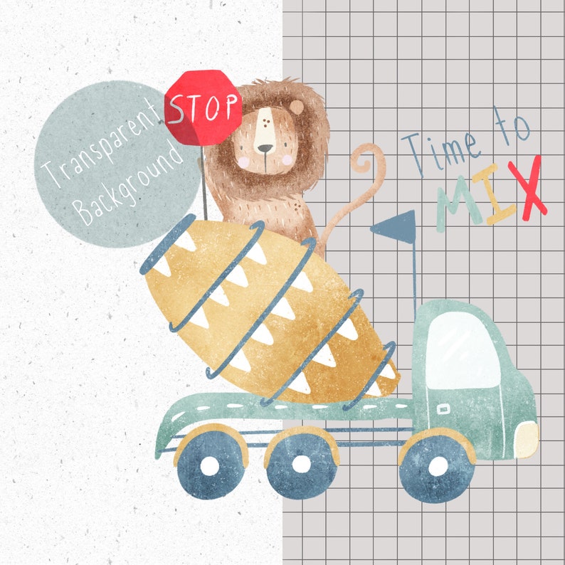 Pu&ograve; includere: Un leone dei cartoni animati con un cartello di stop rosso guida un camion betoniera con le parole "Time to Mix" su uno sfondo a griglia grigia. Il camion ha un tamburo di betoniera giallo e bianco.