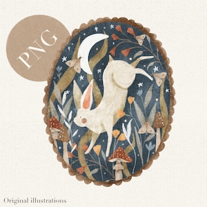 Peut inclure: Illustration ovale d'un lapin blanc sautant dans une forêt au clair de lune. L'œuvre comprend des champignons, des fleurs et des papillons de nuit, le tout sur un fond bleu foncé. La bordure est marron et festonnée.