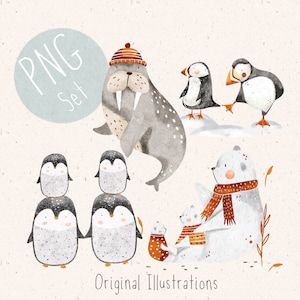Ensemble de 4 PNG pour sublimation Artic Animals Clipart for Kids png Christmas Clipart Winter Animals PNG Ours polaire Clipart Penguins PNG Puffin