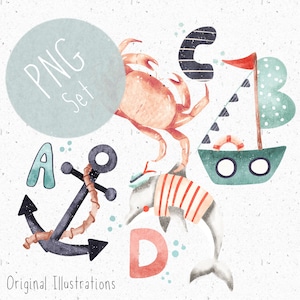 Set von 4 PNGs für Sublimation Nautische Clipart ABCs PNG Set Lernclipart-Bundle Sailor PNG Delphin Clipart Krabbe PNG Anker Clipart