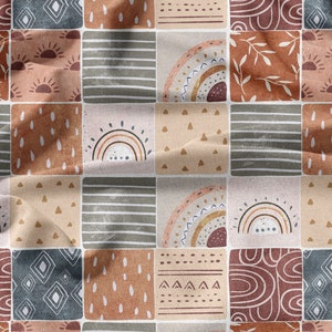 May include: A seamless pattern featuring a patchwork of squares with various geometric and abstract designs in shades of brown, beige, gray, and blue. The designs include rainbows, suns, leaves, and dots.