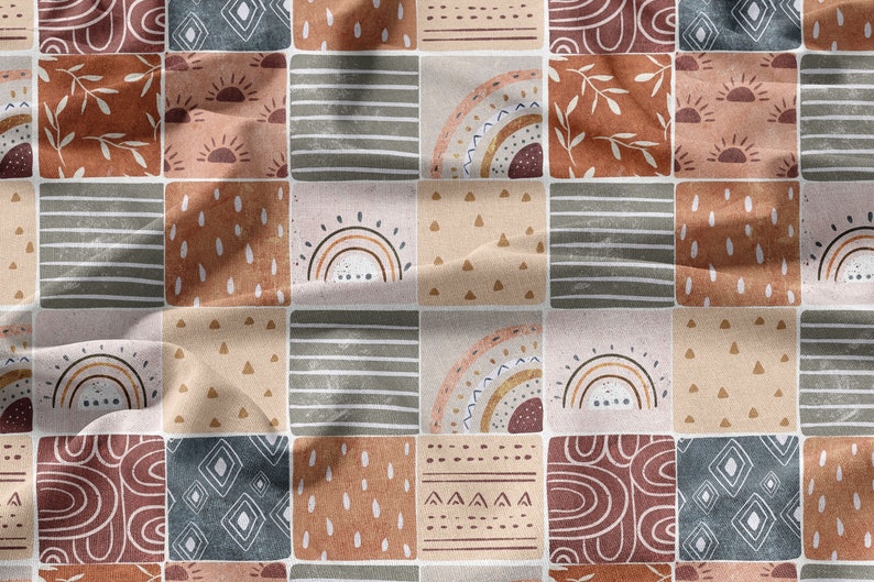 May include: A seamless pattern featuring a patchwork of squares with various geometric and abstract designs in shades of brown, beige, gray, and blue. The designs include rainbows, suns, leaves, and dots.