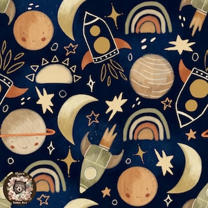 Modello senza cuciture dello spazio esterno Astronauta Carta digitale senza cuciture Luna modello ripetuto per tessuto Pianeti File senza cuciture Galassia Sublimazione Stelle