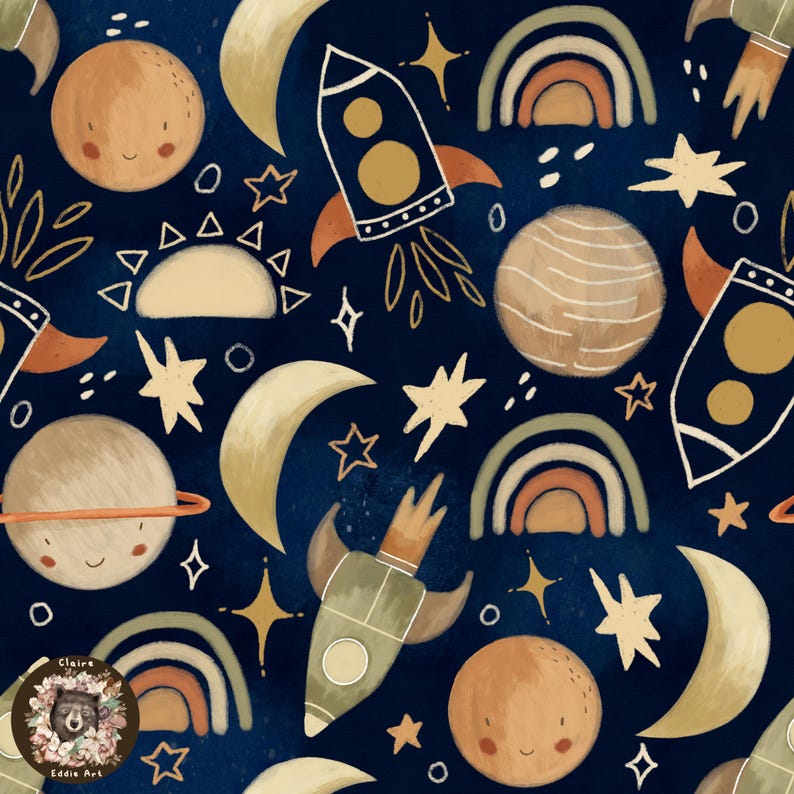 Repeatable Space Pattern Outer Space Seamless Pattern Spaceman Seamless Digital Paper Moon ...