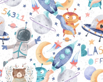Ruimte naadloos patroon Astronaut naadloos digitaal papier Rocket herhalingspatroon voor stof Alien naadloos bestand Planeten naadloos sterrenpatroon