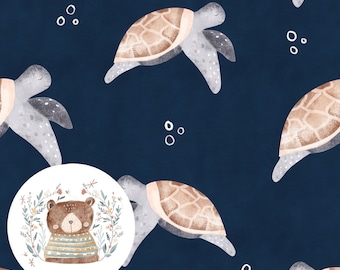 May include: A seamless pattern featuring a cute brown bear wearing a striped sweater surrounded by watercolor illustrations of sea turtles on a dark blue background.