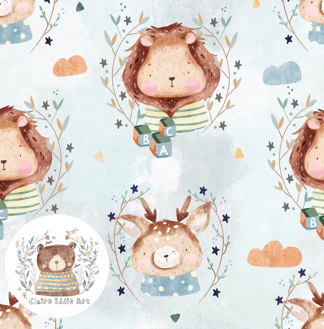 Baby Animals Seamless Pattern Cute Lion Repeat Pattern for Fabric Deer ...