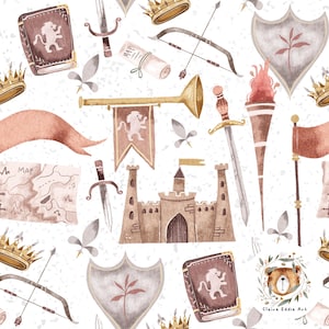 May include: A seamless pattern featuring watercolor illustrations of a castle, crowns, swords, shields, maps, and other medieval-themed elements. The background is white with a subtle texture.