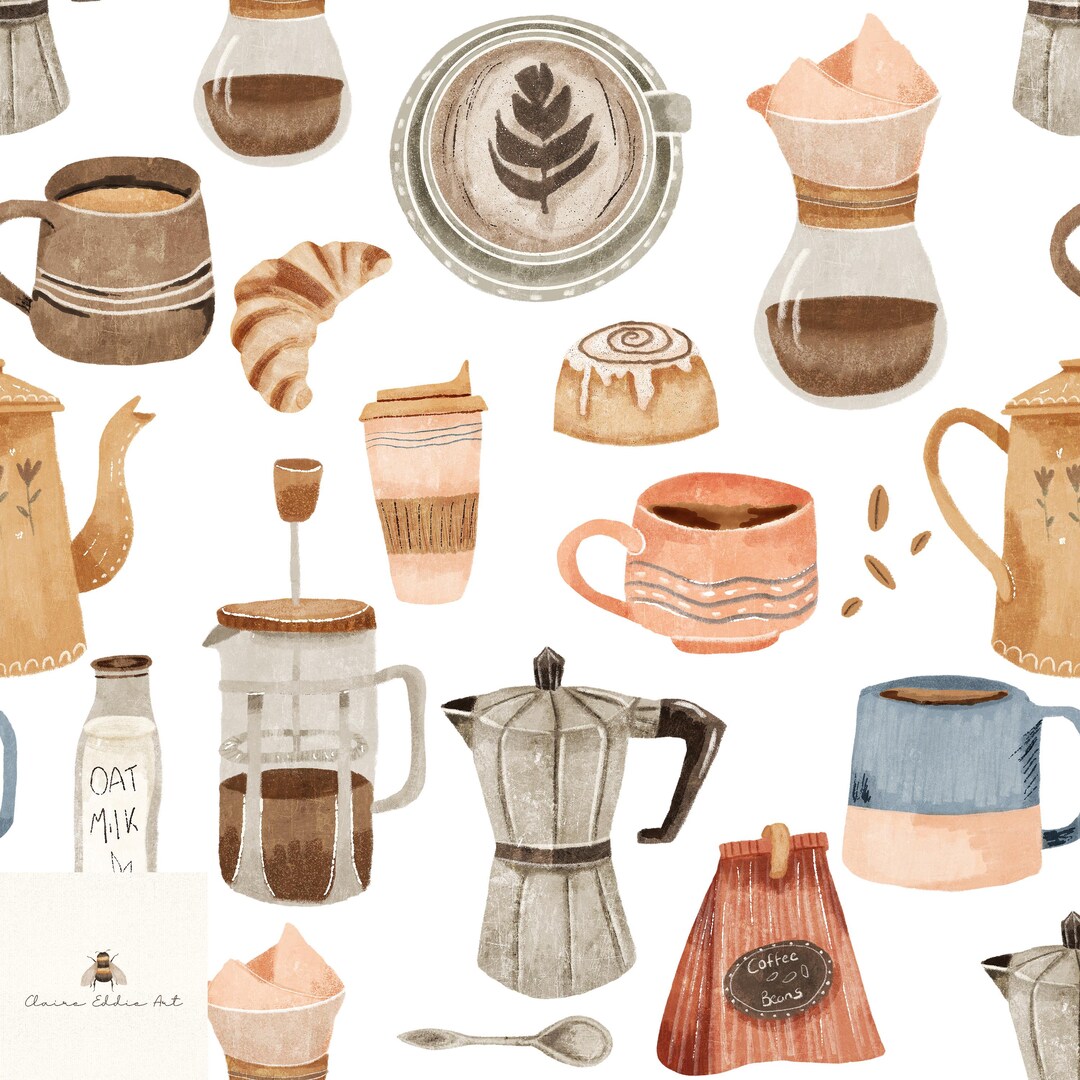 Handdrawn Coffee Seamless Pattern, Cafe Digital Paper, Latte Seamless ...