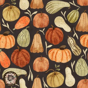 May include: A repeating pattern of various pumpkins and gourds in shades of orange, green, and yellow on a dark background. The pumpkins have different shapes and textures, with some featuring speckled details and leafy accents. The overall theme is autumnal.