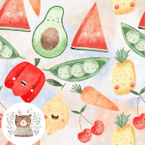 Modello senza cuciture Kawaii Modello di ripetizione alimentare per tessuto Carta digitale piselli Ananas senza cuciture Sublimazione di avocado Modello di frutta e verdura Baby