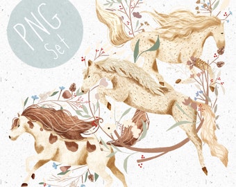 May include: A whimsical illustration featuring three cream-colored horses with flowing manes and tails, leaping amidst floral and botanical elements. The horses have brown markings and are surrounded by delicate flowers and foliage. The image includes the text "PNG Set" and "Original Illustrations".