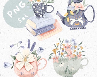 Set of 4 Teacup PNGs for Sublimation Tea party Clipart set Mug png bundle Floral Clipart Teapot heat transfer Book png Cottagecore design